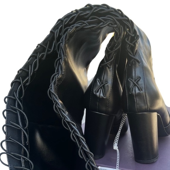 KURT Geiger Pointed Toe Knee High Lace-Up Black Leather High Block Heeled Boots - Picture 12 of 16